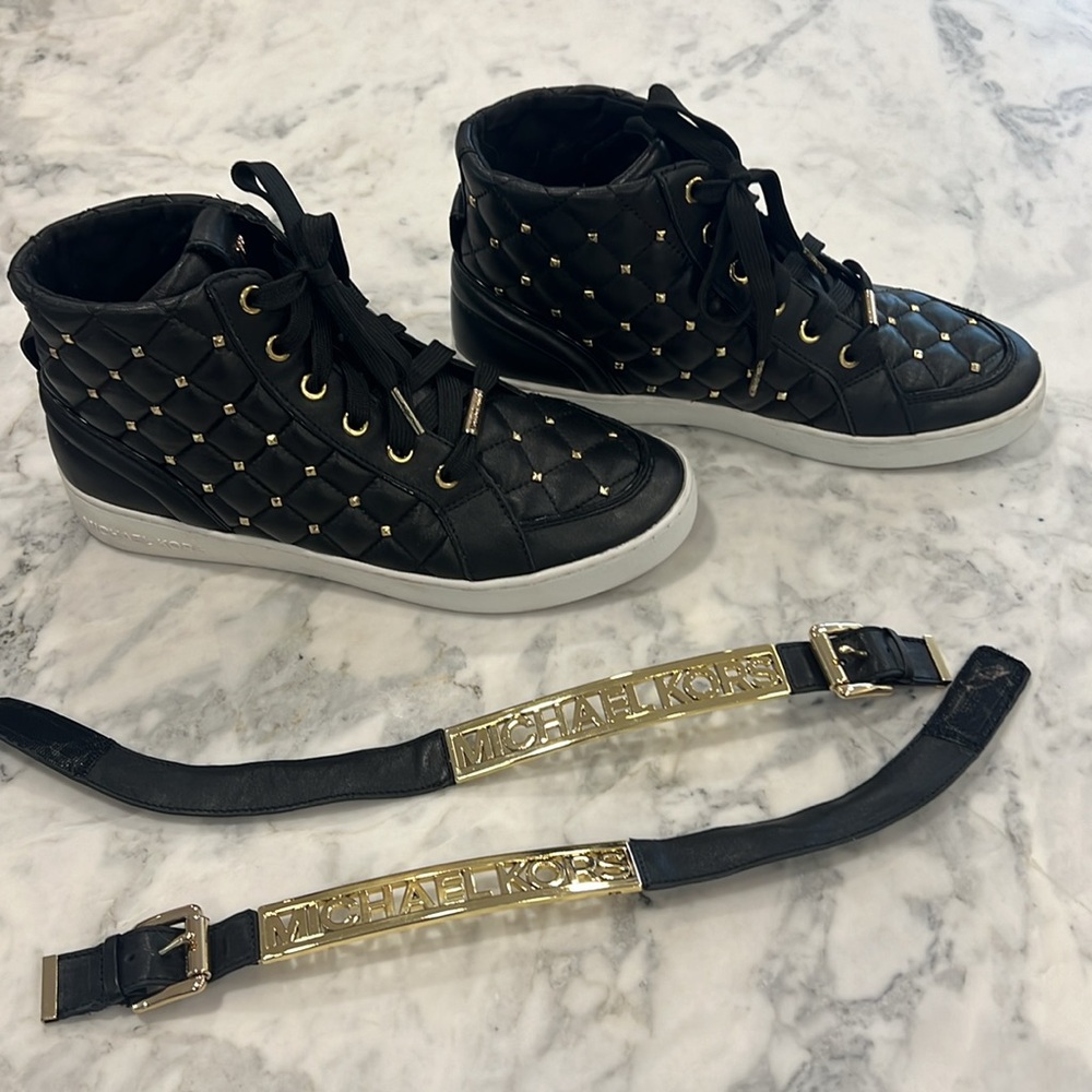 Michael Kors Essex High Top Black Leather Studded Sneakers Size 8.5
